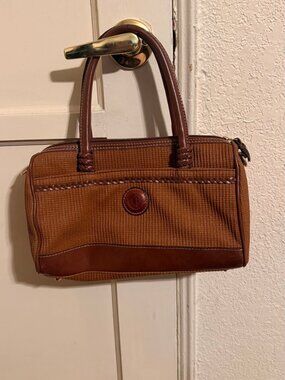 Vintage Leslie Fay Woven Canvas & Leather Satchel Top Handle Bag